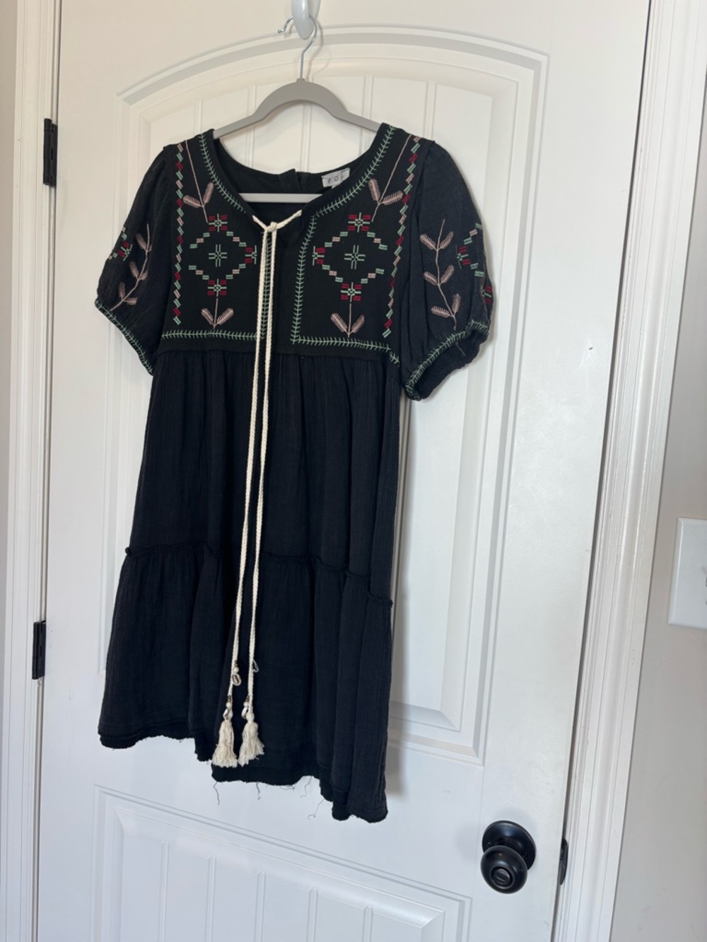 POL Black Midi Dress with Green and Pink Embroidery
